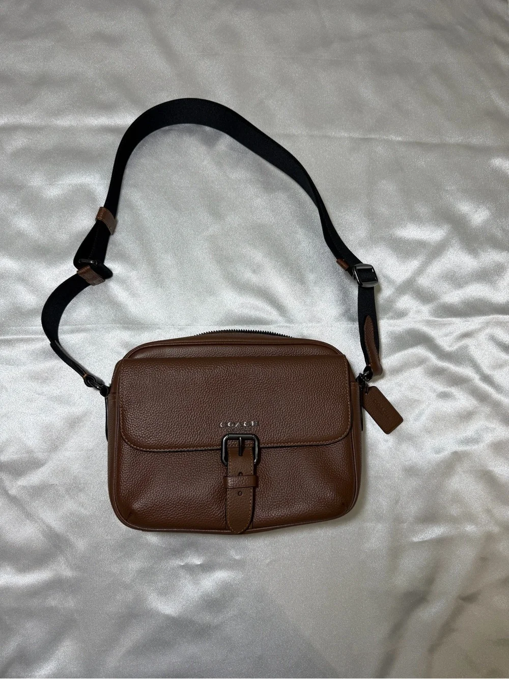 Coach Brown Pebbled Leather Messenger Crossbody with Black Strap